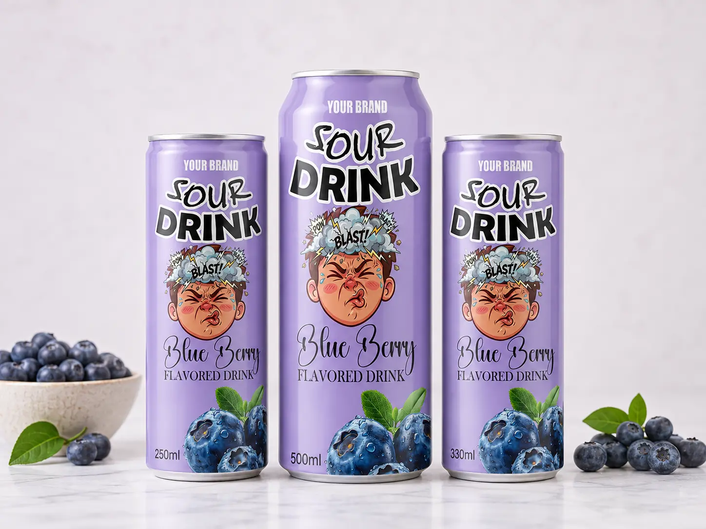 SOUR DRINK Blue Berry Flavored Drink in 250ml, 500ml, and 330ml cans.